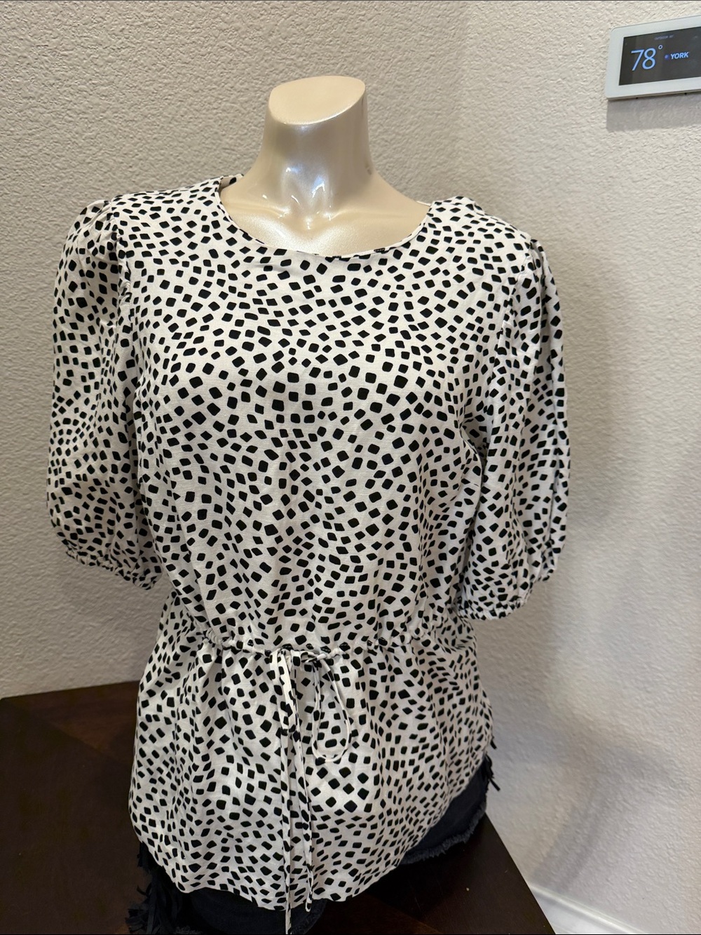 Alfani White Blouse with Black Spot Print and Drawstring Waist